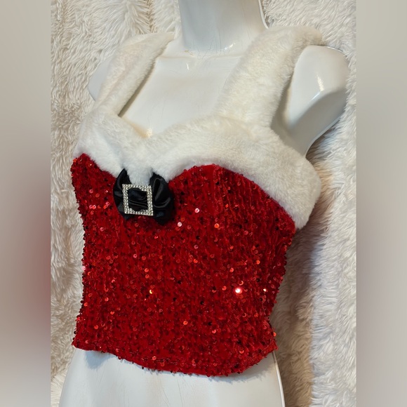 Glamorous Red Sequin Crop Top with Faux Fur - Picture 3 of 7